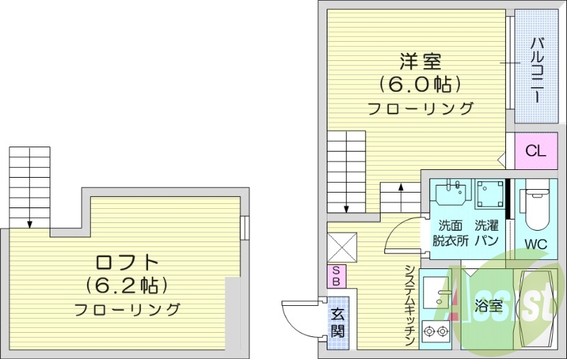 1K、ネット無料、独立洗面台、宅配BOX、BS、CS対応。