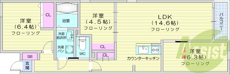 3LDK、オートロック、ネット無料、追い焚き、IHコンロ