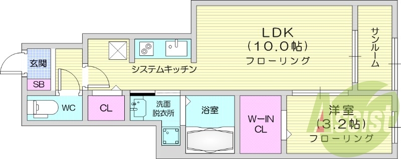 1LDK、追い焚き、浴室乾燥、宅配ボックス、エアコン２台