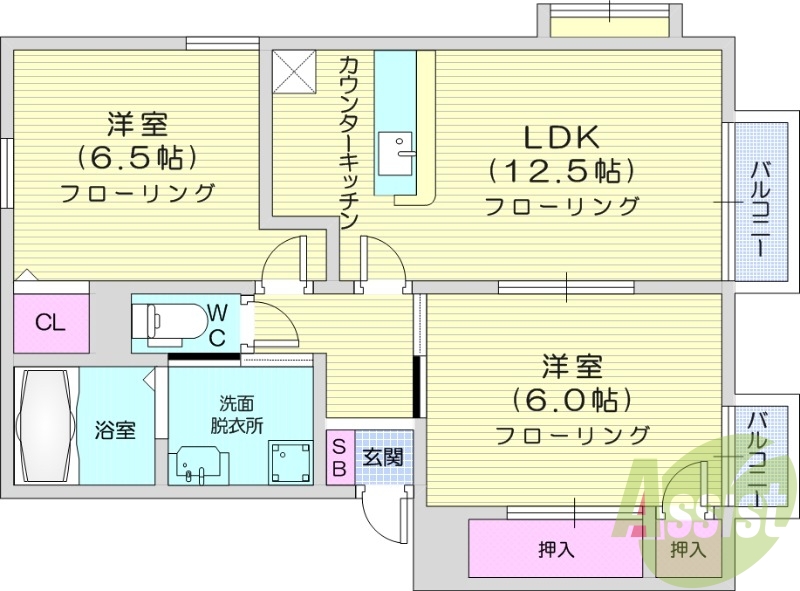 2LDK、エアコン付き、対面式キッチン、追い炊き機能付き