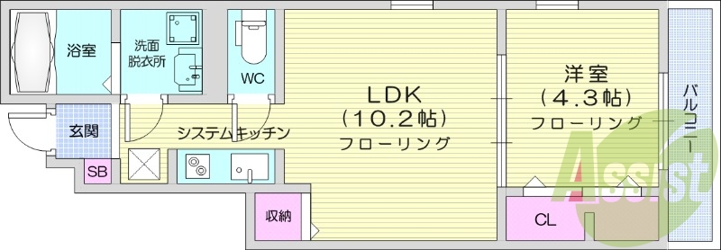 1LDK、宅配ボックス、ネット無料、バルコニー。