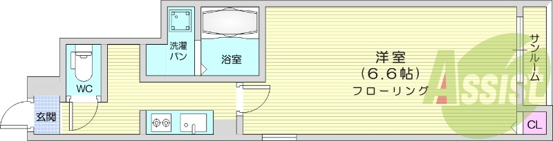 1K、洋室6.6帖、24時間換気システム有り