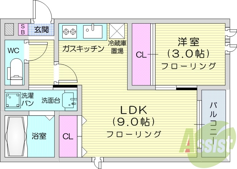 １LDK、浴室乾燥機、シャンプードレッサー、システムキッチン