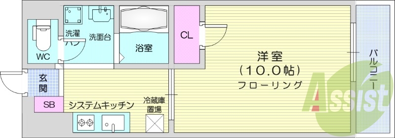 1K、独立洗面台、宅配BOX、都市ガス。