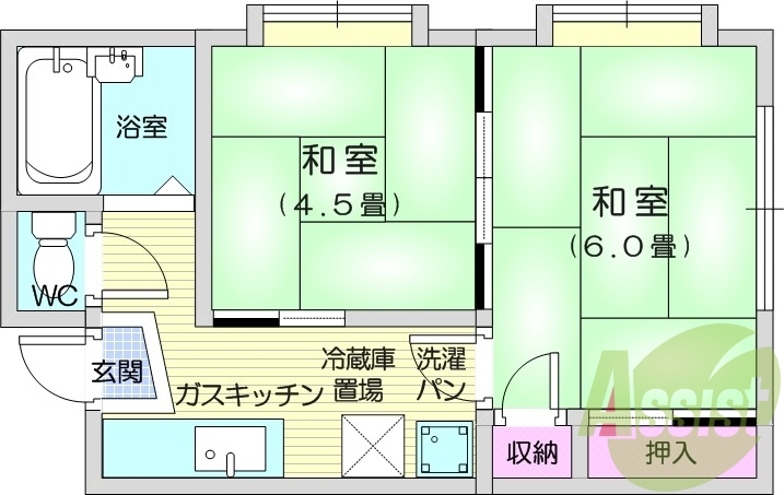 2K、TV付インターホン、エアコン、出窓。