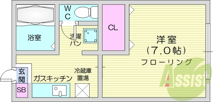 1K、角部屋、バストイレ別、BS、室内洗濯機置場