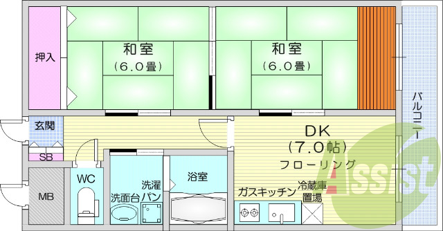 ２DK、エレベーターあり、都市ガス、インターネット対応