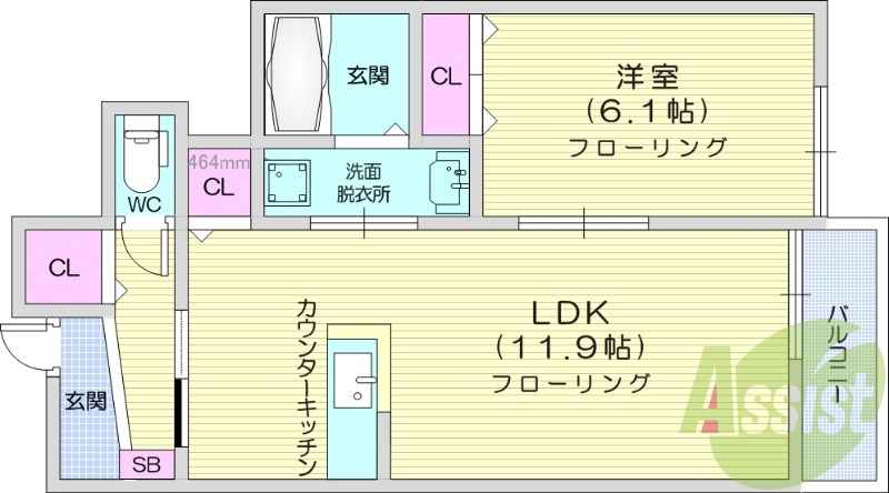 １LDK、バス・トイレ同室、温水洗浄便座、室内洗濯機置場