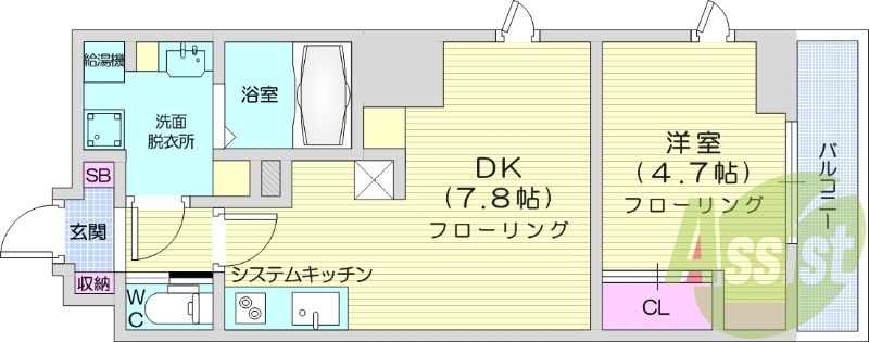 1DK、オートロック、ネット無料、浴室乾燥機、バストイレ別