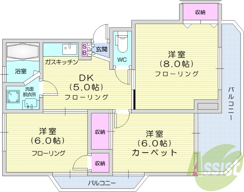 3DK、1部屋カーペット、角部屋、2部屋フローリング