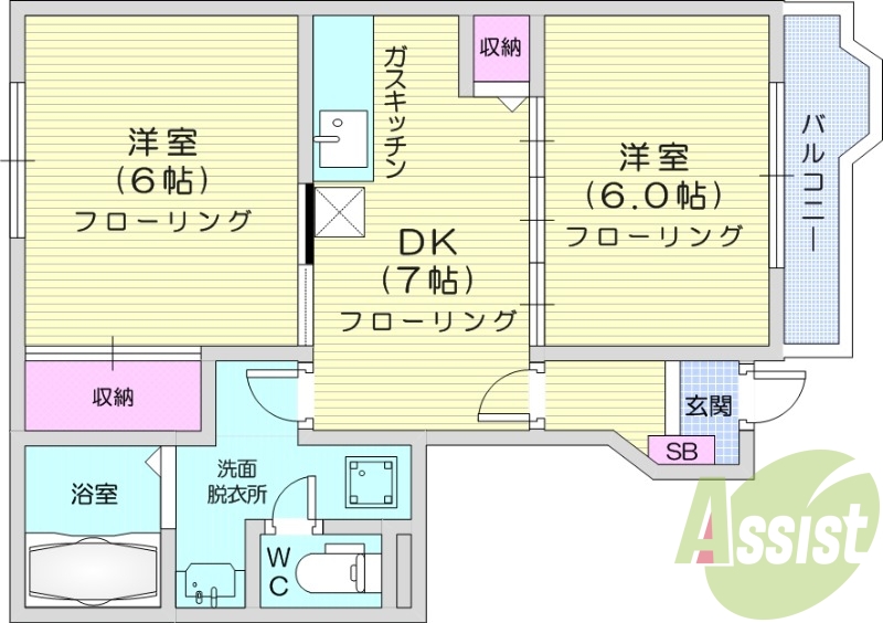 2DK、追炊き、独立洗面台、エアコン、TVインターフォン