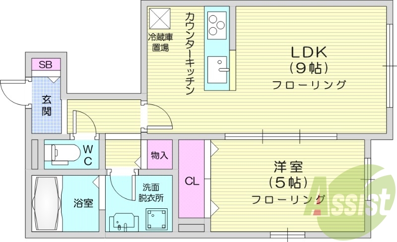 1LDK、フローリング、CL広め、IH3口コンロ