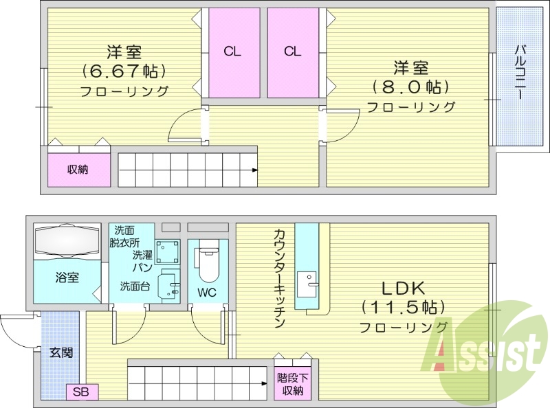 2LDK、メゾネット、駐車場2台無料、浴室乾燥、追炊き、BS
