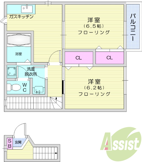 2DK、フローリング、バストイレ別、洗面脱衣所、BS端子
