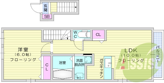 1LDK、24時間換気システム、浴室乾燥機、バストイレ別