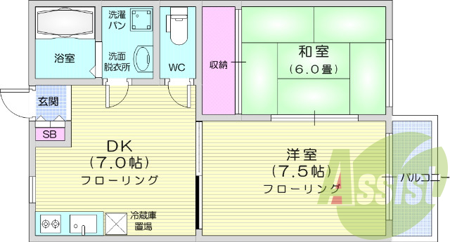 2DK、独立洗面台、エアコン、風呂トイレ別