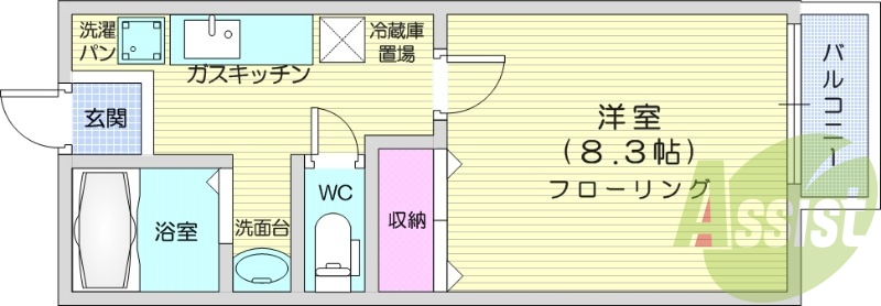 １K、追炊き機能付き、独立洗面台、温水洗浄便座、浴室乾燥。
