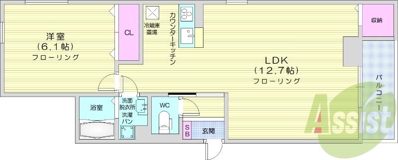 1LDK、浴室乾燥付き、追い焚き機能、床下収納あり