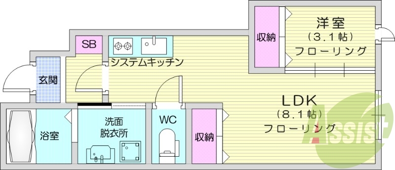 １LDK、モニターホン、浴室乾燥機、追い焚き、独立洗面台