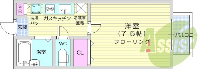 1K、バストイレ別、ロフト、独立洗面台、フローリング