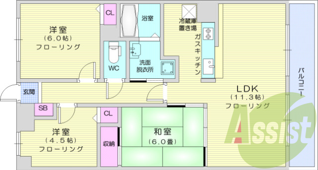 3LDK、エアコン、バストイレ別、モニター付きインターホン