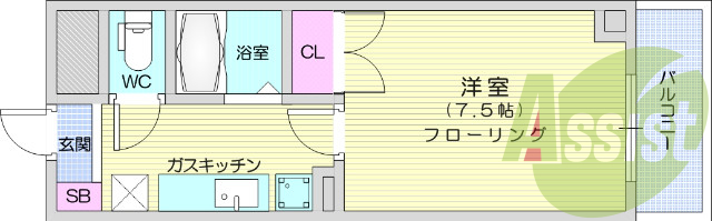 1K、エアコン、室内洗濯機置き場、トイレ浴室別、収納箇所
