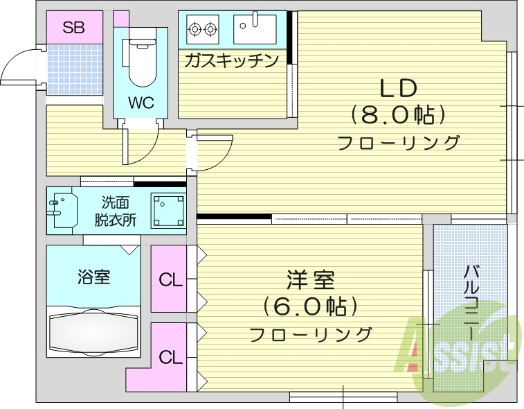 1LDK、バス・トイレ別、システムキッチン、都市ガス。
