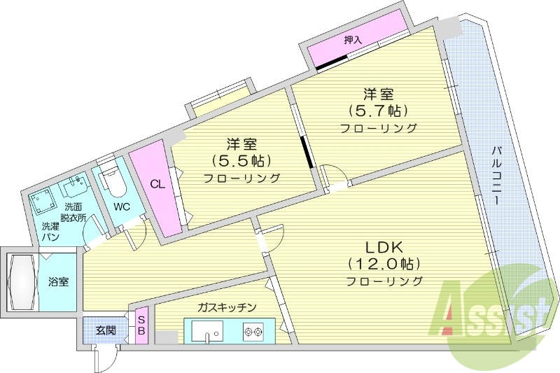 2LDK、南向き、バストイレ別、追焚機能、室内洗濯機置場