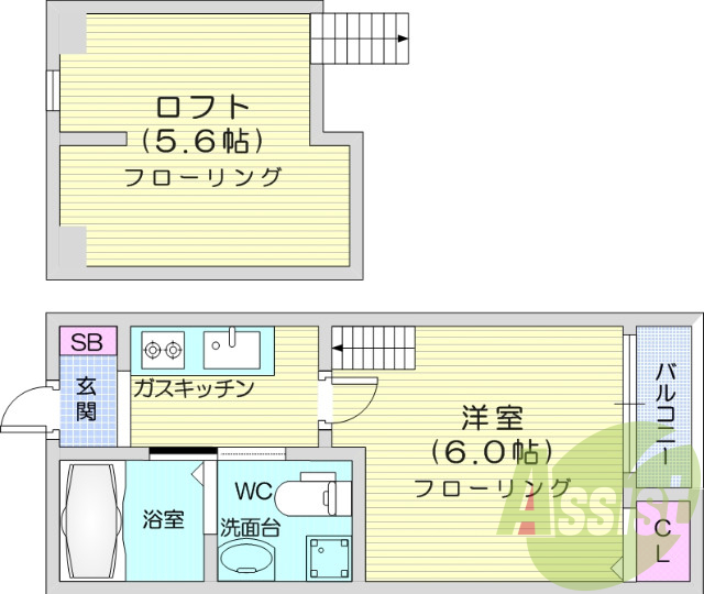 1K+ロフト、システムキッチン、シャンプードレッサー