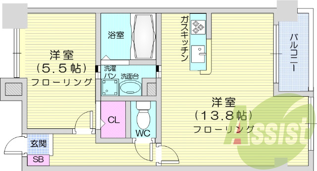 1LDK、バストイレ別、エアコン、都市ガス