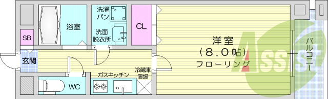 1ｋ、エアコン、バストイレ別、都市ガス、宅配ボックス
