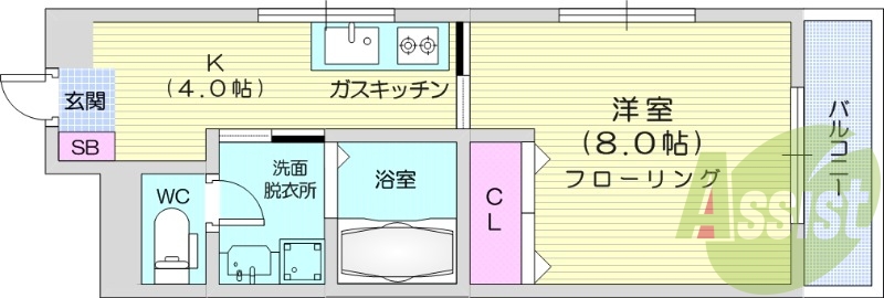 1K、都市ガス、ウォッシュレット、独立洗面付き
