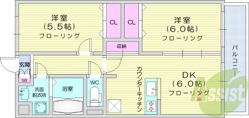２DK、インターネット使用料不要、独立洗面台、エアコン