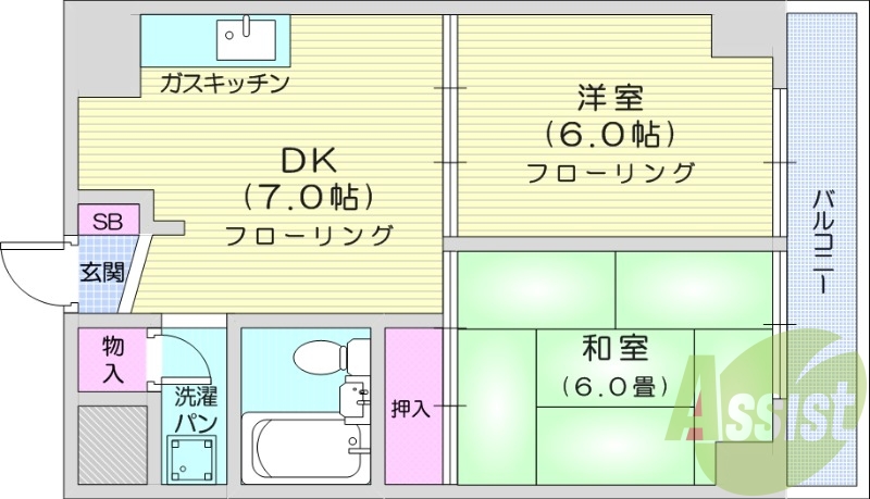 2DK、都市ガス、和室、バルコニー、バストイレ共同