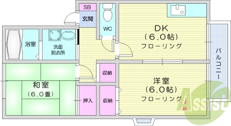 2DK、南向き、シャワー付洗面化粧台、BS端子、ガスコンロ
