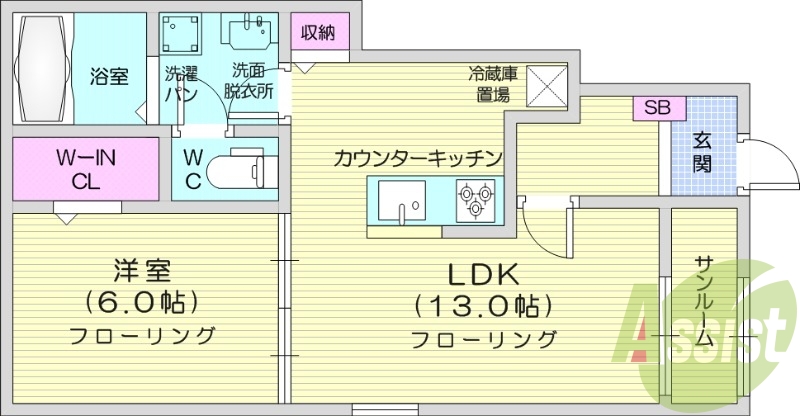1LDK、追い焚き、サンルーム、宅配ボックス、エアコン２台