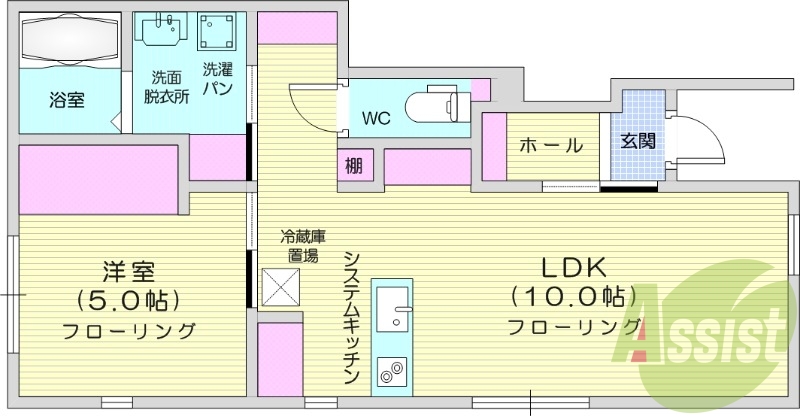 1LDK、インターネット無料、浴室乾燥あり