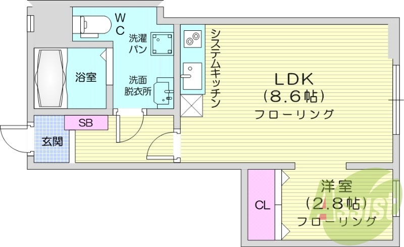 1LDK、追い焚き、ネット無料、IH、独立洗面台。