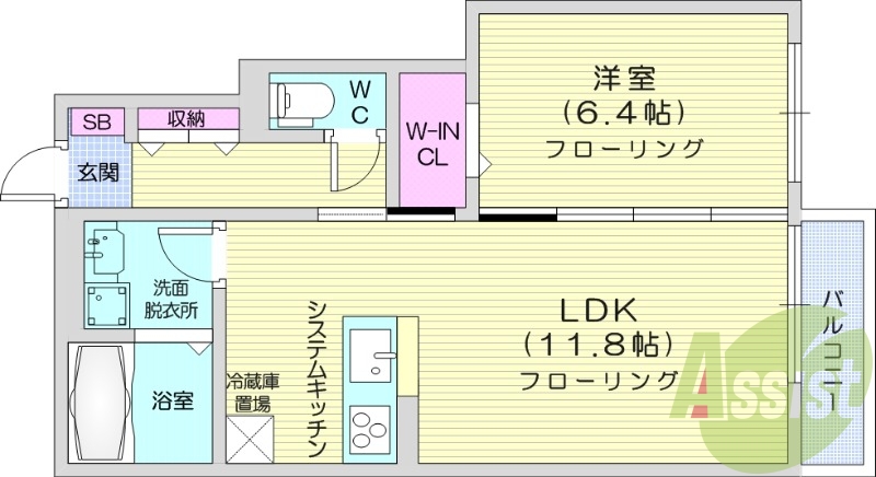 1LDK、都市ガス、ネット無料、システムキッチン、エアコン