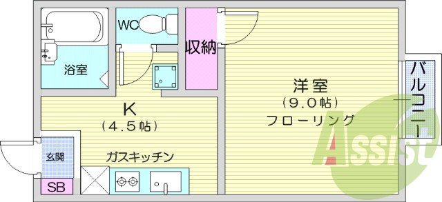 １K、風呂トイレ別、エアコン、浴室乾燥機、洗面化粧台