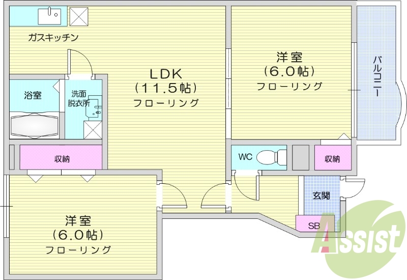 2LDK、バストイレ別、エアコン、室内洗濯置場