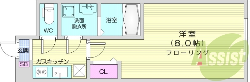 1K、バストイレ別、バルコニー、洗面所独立