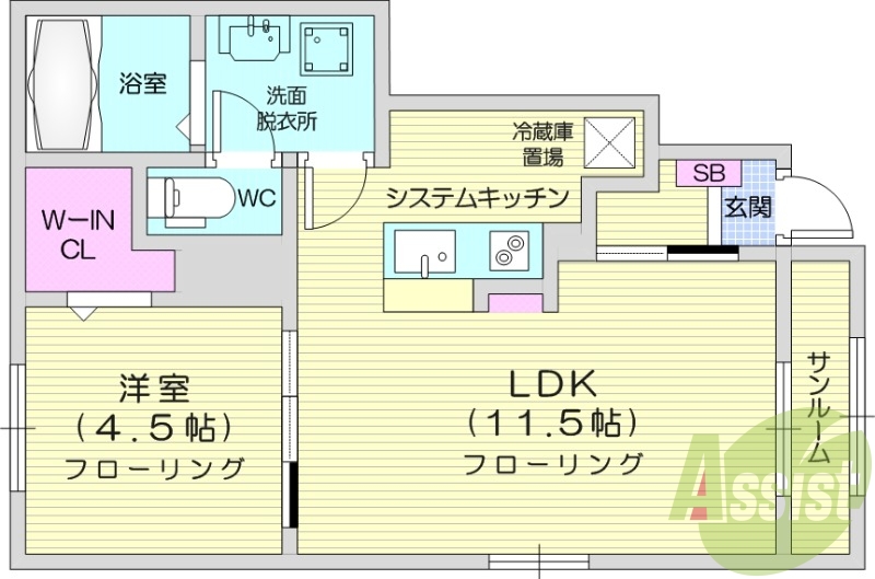 1LDK、浴室乾燥機、ネット無料、サンルーム。