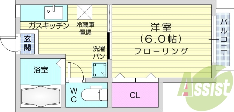 1K、南向き、インターネット使用料無料、バストイレ別