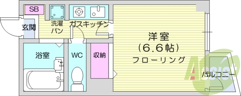 1K、フローリング、バルコニー、エアコン。