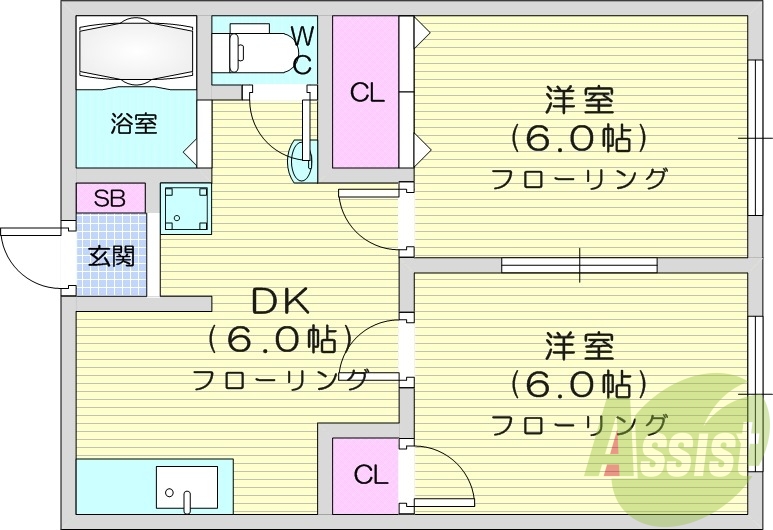 2DK、エアコン、室内洗濯機置場、トイレ浴室別、収納