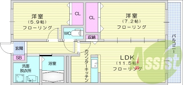 ２LDK、オートロック、カウンターキッチン、浴室乾燥機。