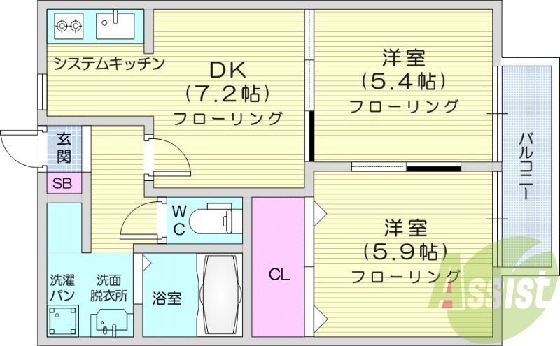 2DK、ガスコンロ2口、追い焚き、モニタ付きインターホン