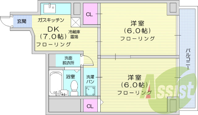 2DK、都市ガス、エアコン、収納、室内洗濯機置き場