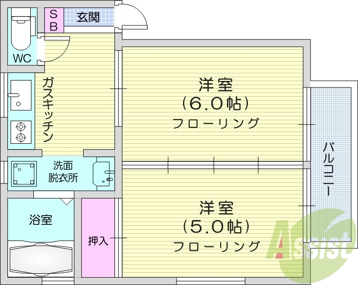 2K、南向き、角部屋、バストイレ別、追い炊き機能付き